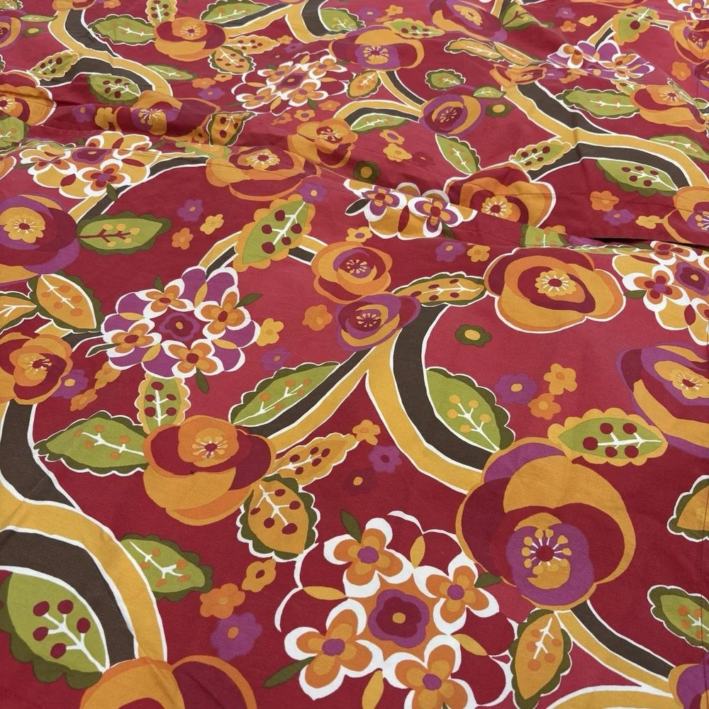 Pottery Barn King Duvet Cover Two Shams Red Floral Retro‎ Mod Cotton Reversible